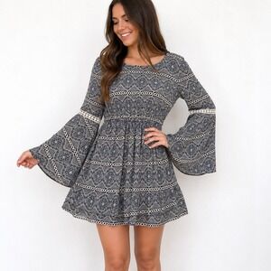 Bo Bel Navy Geometric Bell Sleeve Mini Dress Crochet Trim Boho Women Small